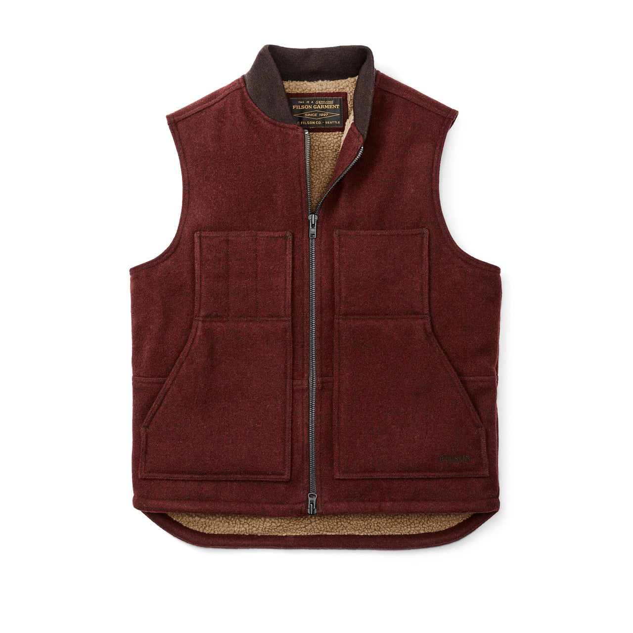 Lined Mackinaw Wool Work Vest | Dark Red & Black